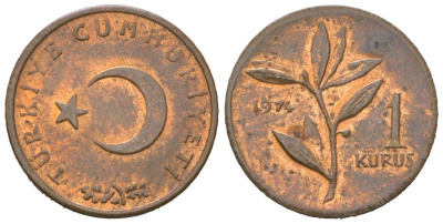 Турция 1 куруш 1974 KM 895a бронза 4567-1048