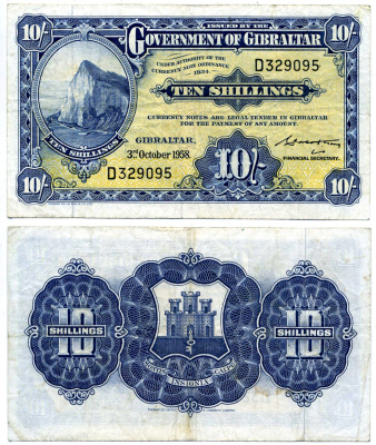 Гибралтар 10 шиллингов 1958 3 октября 1958, TDLR Pick 14с бумага 451-448-2