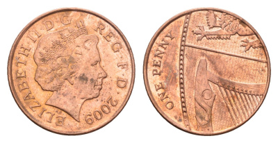 Великобритания 1 пенни 2009 Елизавета II (1952-2022) KM 1107, Spink B6 сталь плакированная медью aUNC 4685-1216