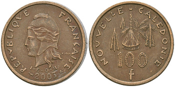 Французская Новая Каледония 100 франков 2003 хижина среди сосен и пальм, (IEOM) KM 15, Schoen 16, Lec 139g никель латунь 4149-412