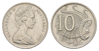Австралия 10 центов 1977 Елизавета II (1952-2022), птица лирахвост KM 65 медно-никель aUNC 4657-144