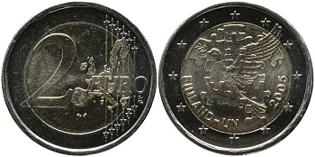 Финляндия 2 евро 2005 60 лет ООН, 50 лет членству Финляндии в ООН, голубь мира KM 119 биметалл UNC 115-1144