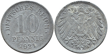 ГЕРМАНИЯ 10 ПФЕННИГОВ 1921 KM 26, J. 299 цинк 4395-1247