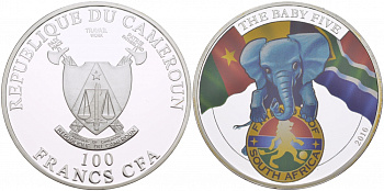 КАМЕРУН 100 ФРАНКОВ 2010 СЕРИЯ ДЕТЕНЫШИ БОЛЬШОЙ ПЯТЕРКИ, АФРИКАНСКИЙ СЛОН, ЭМАЛЬ, ТИРАЖ 1000 ЭКЗ. KM NEW медь плакированная серебром 00-000-00