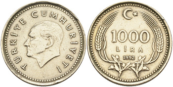 Турция 1000 лир 1992 Кемаль Ататюрк KM 997 медь никель цинк 4561-133
