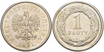 ПОЛЬША 1 ЗЛОТЫЙ 1991 MW KM 282 медно-никель 34-952
