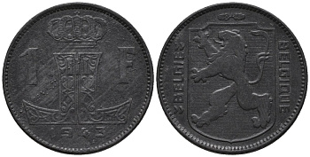Бельгия 1 франк 1943 Belgie-Belgique, Леопольд III (1934-1947) KM 128 цинк 4579-937