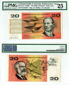 Австралия 20 долларов ND (1968) в холдере компании PMG. Сохранность -25, серия замещения ZXA Сэр Чарльз Кингсфорд-Смит. Лоуренс Харгрейв Pick 41 c* бумага 452-3-10