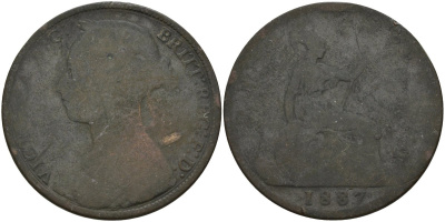 Великобритания 1 пенни 1887 Виктория (1837-1901) KM 755, Spink 3954 бронза 4144-645