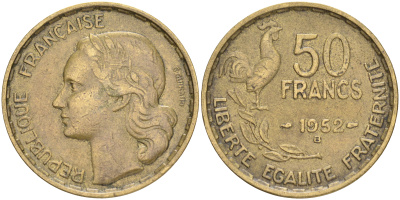 ФРАНЦИЯ 50 ФРАНКОВ 1952 В KM 918.2 алюминиевая бронза 189-323