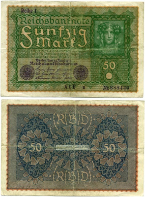 ГЕРМАНИЯ 50 МАРОК 1919 24 ИЮНЯ 1919, REIHE I, СЕРИЯ ACU, ВЫПУСК С НОЯБРЯ 1919 ГОДА Pick 66, Rosenberg 62аа бумага 8619-39-2-1