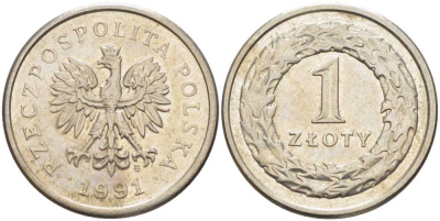ПОЛЬША 1 ЗЛОТЫЙ 1991 MW KM 282 медно-никель 34-952