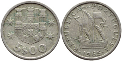ПОРТУГАЛИЯ 5 ЭСКУДО 1965 ПАРУСНИК KM 591 медно-никель 4395-852