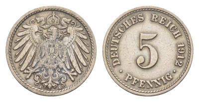 Германия 5 пфеннигов 1912 A, Вильгельм II (1888-1918) KM 11, J. 12 медно-никель 4164-332