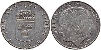 Швеция 1 крона 1982 Карл XVI Густав (1973- ) KM 852a медно-никель 4397-1046