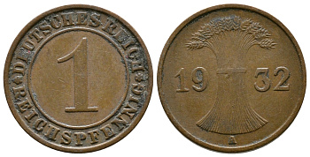 ГЕРМАНИЯ 1 РЕЙХСПФЕННИГ 1932 A KM 37, J. 313 бронза 4380-1224