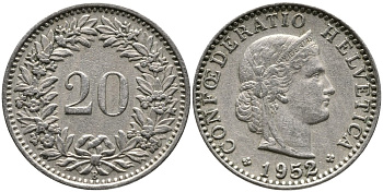 ШВЕЙЦАРИЯ 20 РАППЕНОВ 1952 В KM 29а медно-никель 4539-552