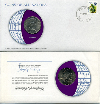 Фиджи 50 центов 1976 конверт с маркой первого дня гашения, Coins of Nations KM 36 медно-никель UNC 4294-45-2