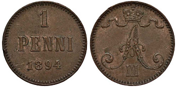 РОССИЯ ДЛЯ ФИНЛЯНДИИ 1 ПЕННИ 1894 АЛЕКСАНДР III Биткин 257 медь 3309-821