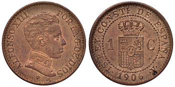 Испания 1 сентимо 1906 S.L.- V, Альфонсо XIII (1886-1931) KM 726 бронза 4115-342