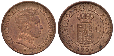 Испания 1 сентимо 1906 S.L.- V, Альфонсо XIII (1886-1931) KM 726 бронза 4115-342