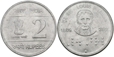 Индия 2 рупии 2009 200 лет Луи Брайлю KM NEW медно-никель UNC 95-156