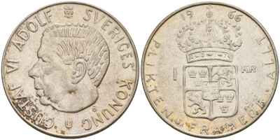 Швеция 1 крона 1966 U, Густав VI Адольф (1950-1973) KM 826 серебро 4582-434