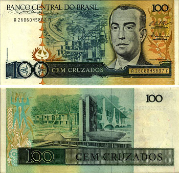 БРАЗИЛИЯ 100 КРУЗАДО 1987 ПОДПИСЬ 25, СЕРИЯ А26060, ЖУСЕЛИНУ КУБИЧЕК Pick 211с бумага UNC (ПРЕСС) 8615-27-2-2