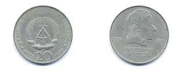 ГДР 20 марок 1972 А, Фридрих Шиллер (1759-1805) KM 40 медно-никель 3333-731