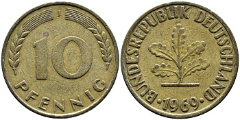 ФРГ 10 ПФЕННИГОВ 1969 J KM 108, J. 383 сталь плакированная латунью 73-1256