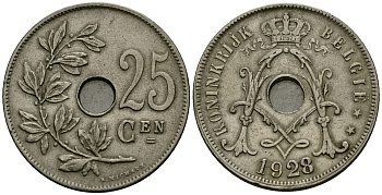 Бельгия 25 сантимов 1928 Belgie KM 69 медно-никель 4131-723