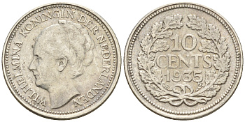 Нидерланды 10 центов 1935 Вильгельмина I (1890-1948) КМ 163 серебро 4160-1235