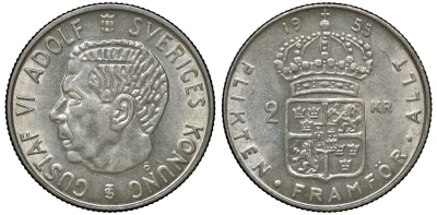 Швеция 2 кроны 1955 TS, Густав VI Адольф (1950-1973) KM 827 серебро 4179-1326