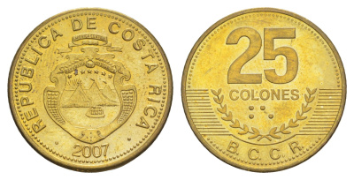 Коста-Рика 25 колонов 2007 KM 229c сталь плакированная латунью UNC 4642-925