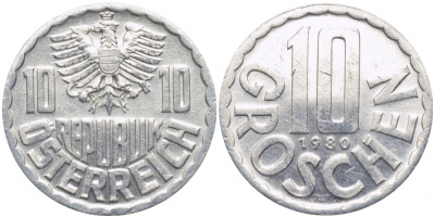 АВСТРИЯ 10 ГРОШЕЙ 1980 KM 2878 алюминий 4448-517