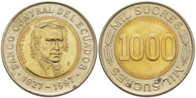 ЭКВАДОР 1000 СУКРЕ 1997 ЭУХЕНИО ЭСПЕХО, 70 ЛЕТ ЦЕНТРАЛЬНОМУ БАНКУ KM 103 биметалл 31-445