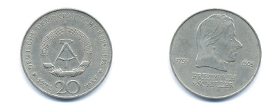 ГДР 20 марок 1972 А, Фридрих Шиллер (1759-1805) KM 40 медно-никель 3333-731