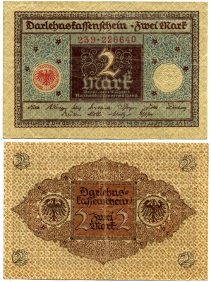 ГЕРМАНИЯ 2 МАРКИ 1920 1 МАРТА 1920, ВЕЙМАРСКАЯ РЕСПУБЛИКА, КОРИЧНЕВАЯ, СЕРИЯ 239 Pick 60, Rosenberg 65a бумага 7547-79-4