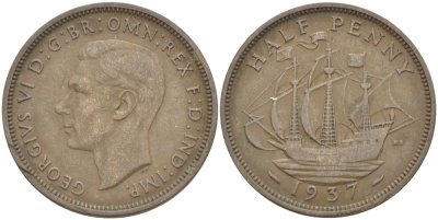 Великобритания 1/2 пенни 1937 Георг VI (1936-1952) KM 844, Spink 4115 бронза 4514-1245