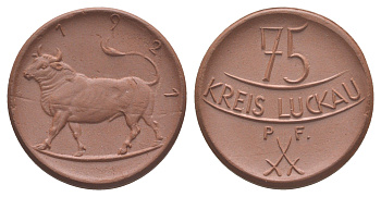 Луккау 75 пфеннигов 1921 Men22.2 19537.7, Scheuch 163a, Men05 15588.7 фарфор 1094-10-13