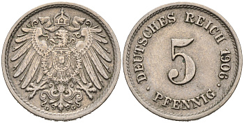 ГЕРМАНИЯ 5 ПФЕННИГОВ 1906 G, KM 11, J. 12 медно-никель 75-937