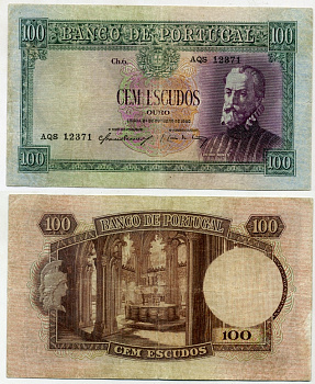 Португалия 100 эскудо 1950 24 ОКТЯБРЯ 1950, ПОРТРЕТ ПЕДРО НУНЕСА, ФОНТАН, BWC Pick 159 бумага 000-00-00
