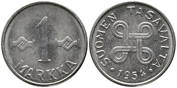 ФИНЛЯНДИЯ 1 МАРКА 1954 KM 36а железо плакированное никелем 100-435