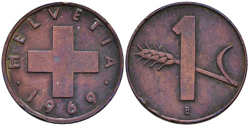 Швейцария 1 раппен 1969 KM 46 бронза 4532-357