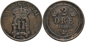 Швеция 2 эре 1906 Оскар II (1872-1907) король Швеции, редкий год KM 769 бронза 55-1052