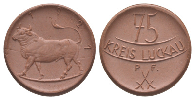 Луккау 75 пфеннигов 1921 Men22.2 19537.7, Scheuch 163a, Men05 15588.7 фарфор 1094-10-13