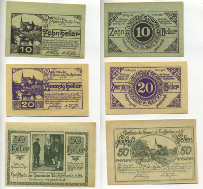 АВСТРИЯ НАБОР ИЗ 3 БАНКНОТ 1920 15-31 ДЕКАБРЯ,НОТГЕЛЬД, 10, 20, 50 ГЕЛЛЕРОВ, TAUFKIRCHEN am der PR бумага XF 7207-8-3