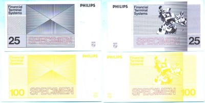 НИДЕРЛАНДЫ НАБОР ИЗ 2 БАНКНОТ ND (25, 100) PHILIPS, FINANCIAL TERMINAL SYSTEMS, SPECIMEN бумага UNC (ПРЕСС) 7146-62-3-2