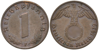 Германия 1 рейхспфенниг 1939 F KM 89, J. 361 бронза 4147-1213