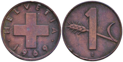 Швейцария 1 раппен 1969 KM 46 бронза 4532-357